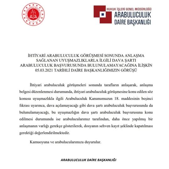 Arabuluculuk Daire Başkanlığımızın Anlaşma Sağlanan Uyuşmazlıklarla İlgili Görüşü